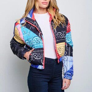 Long Sleeve Zip Up Front Pocket Multi Print Paisley Bandana Puffer  - 36point5